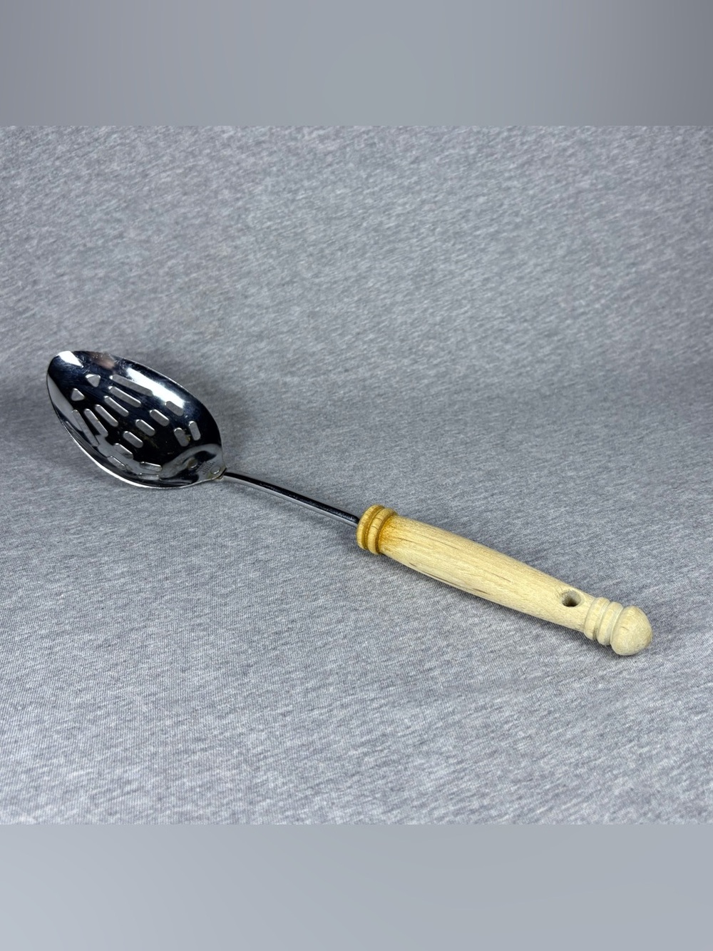 Vintage Ekco Slotted Serving Spoon 12" Chromium Plated USA Wood Handle